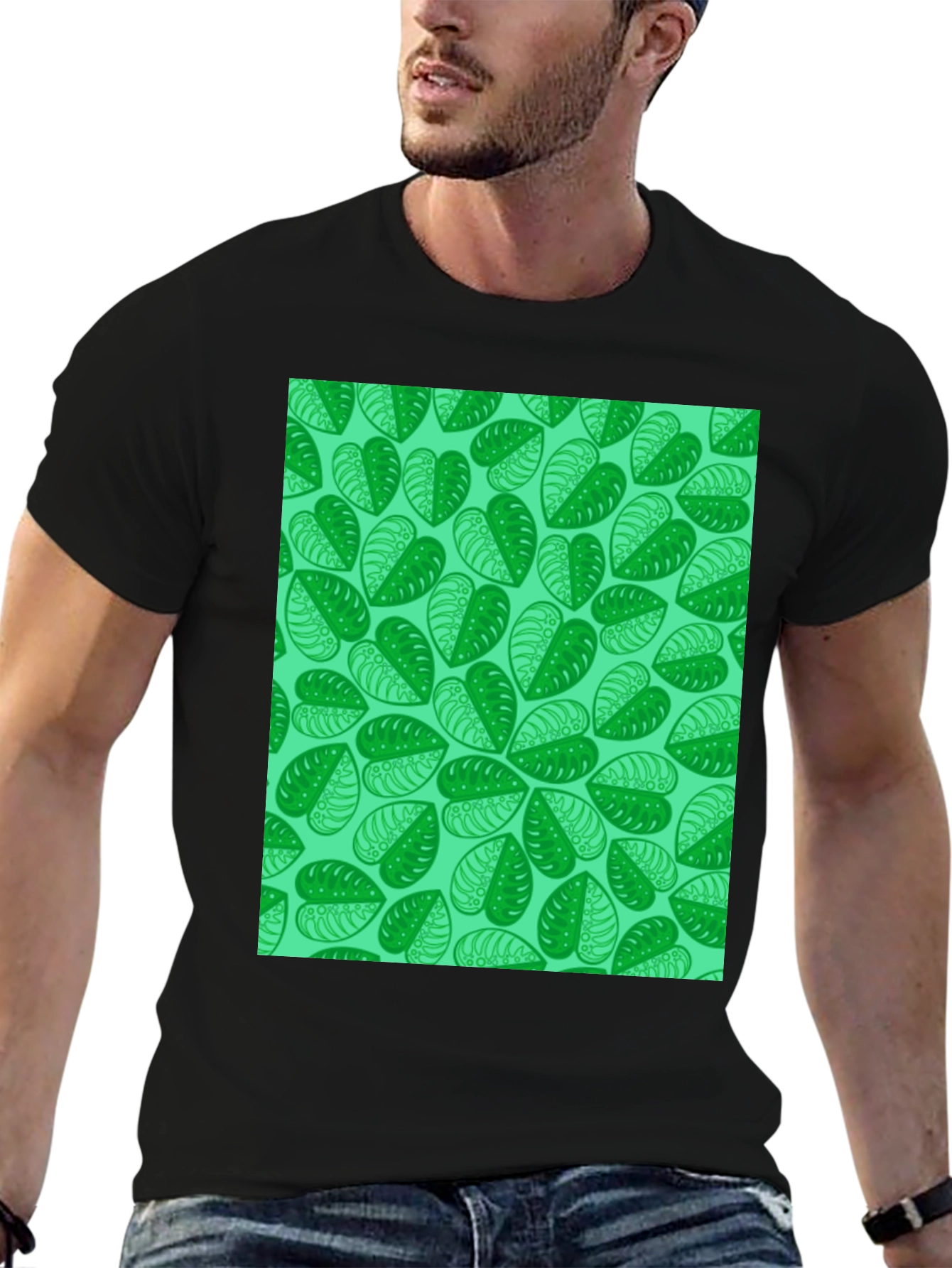 Green Leaf Print Black T-Shirt