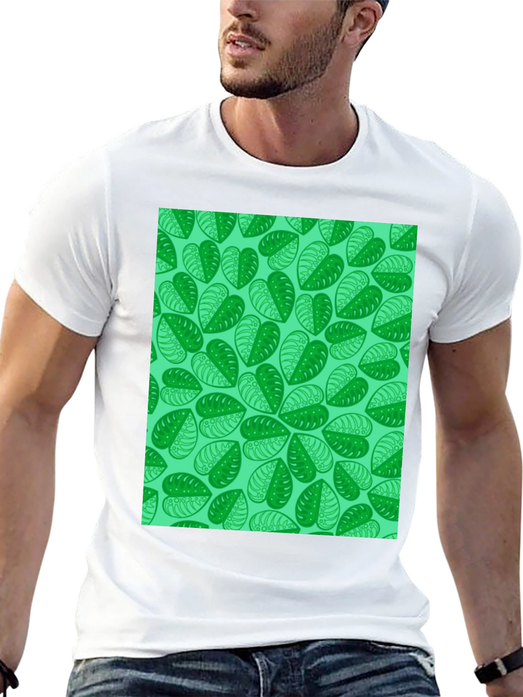 Green Leaf Print Black T-Shirt