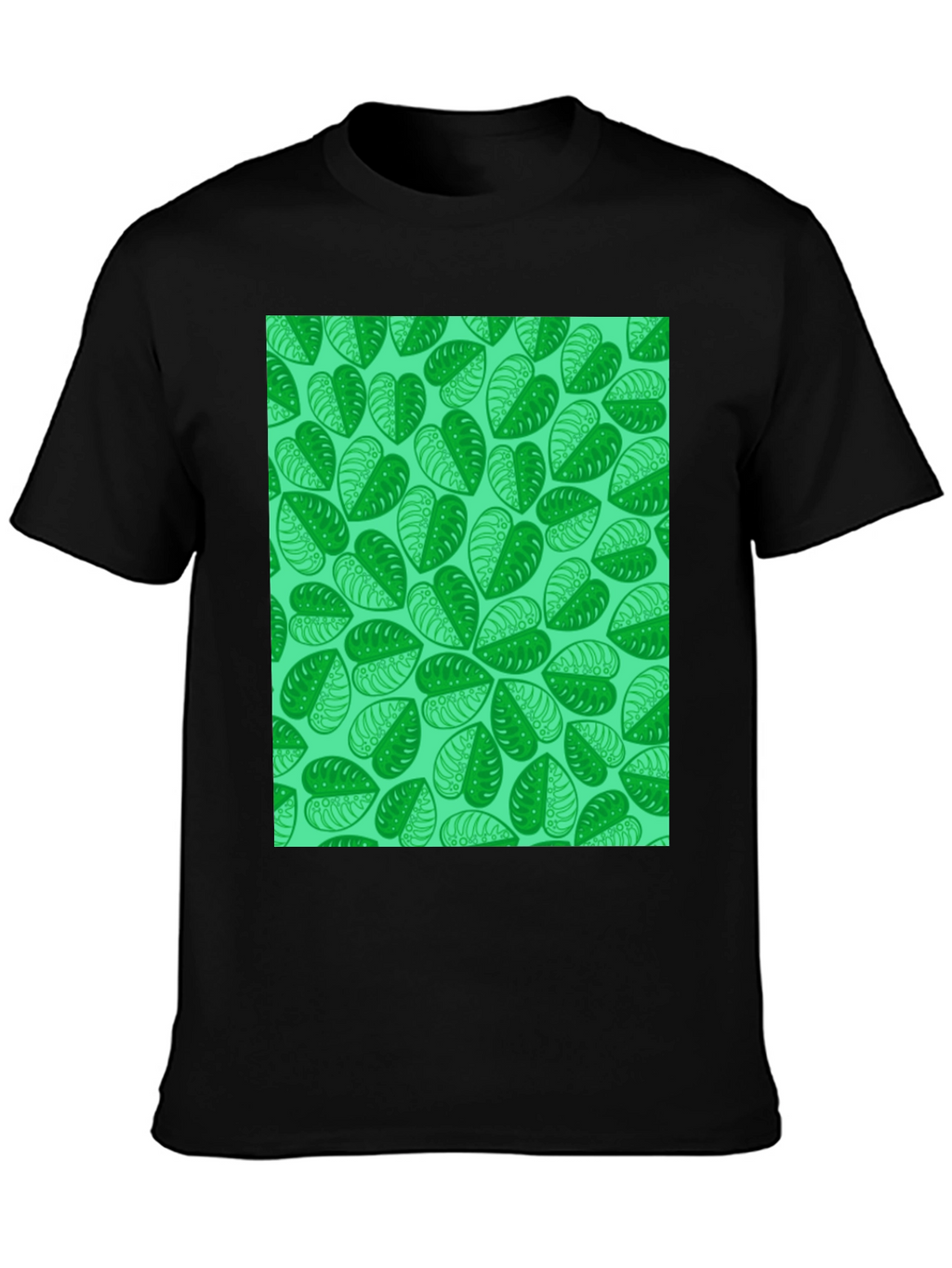 Green Leaf Print Black T-Shirt