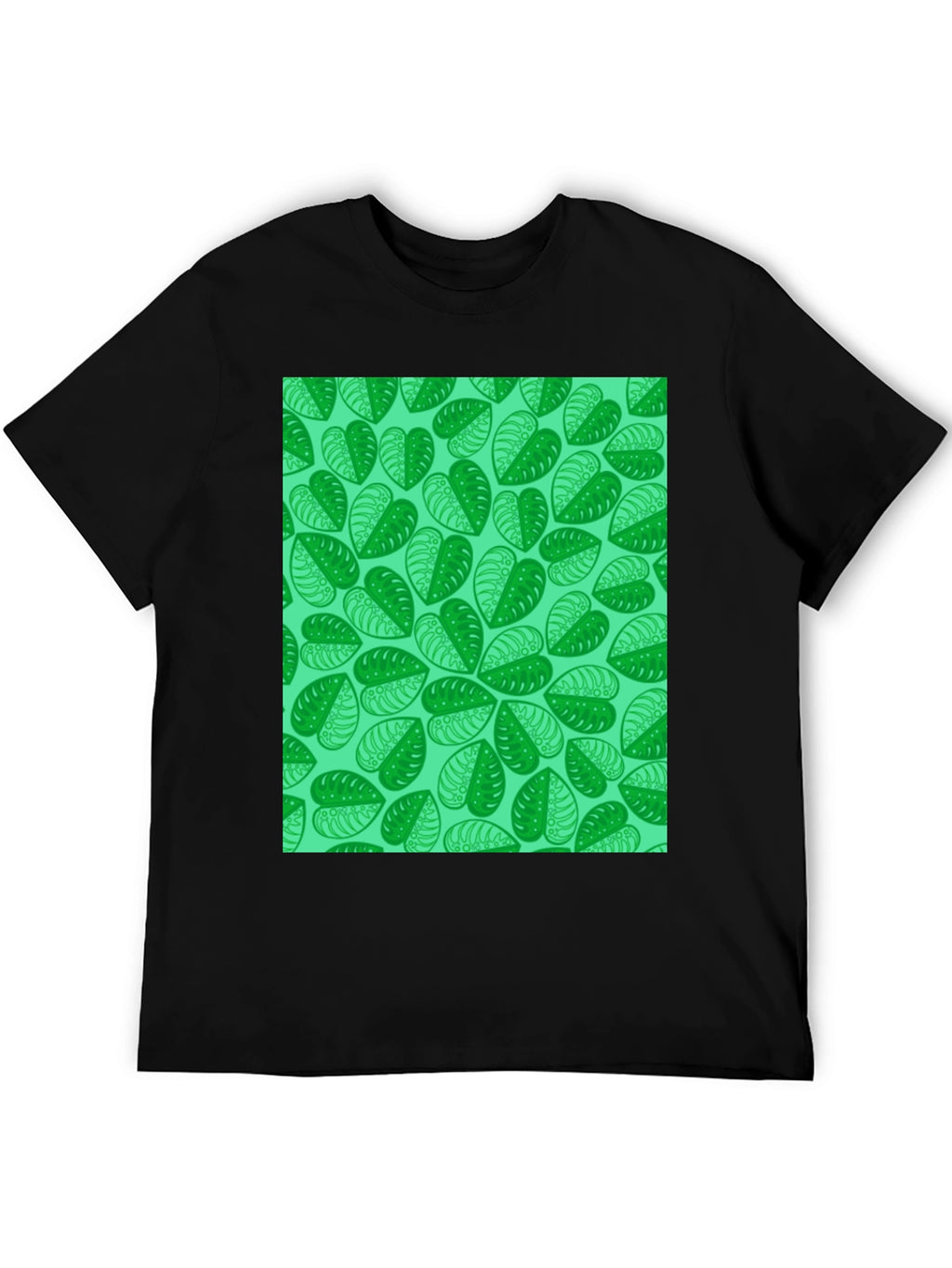 Green Leaf Print Black T-Shirt