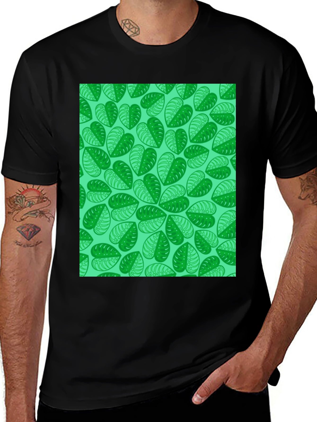 Green Leaf Print Black T-Shirt