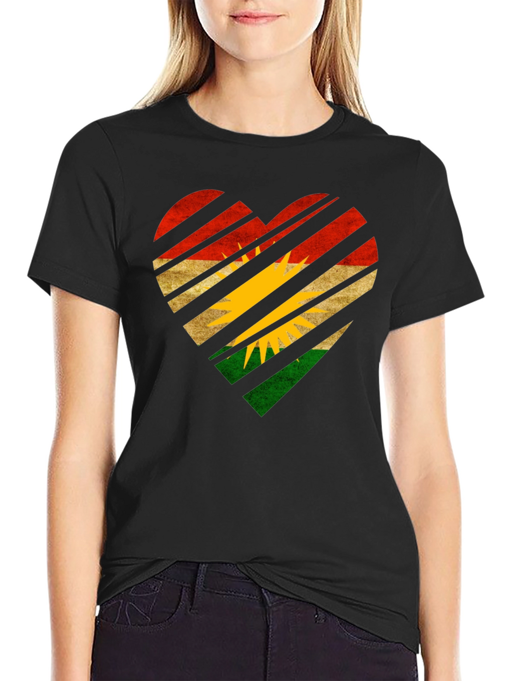 Kurdistan Flag Heart Graphic Black T-Shirt