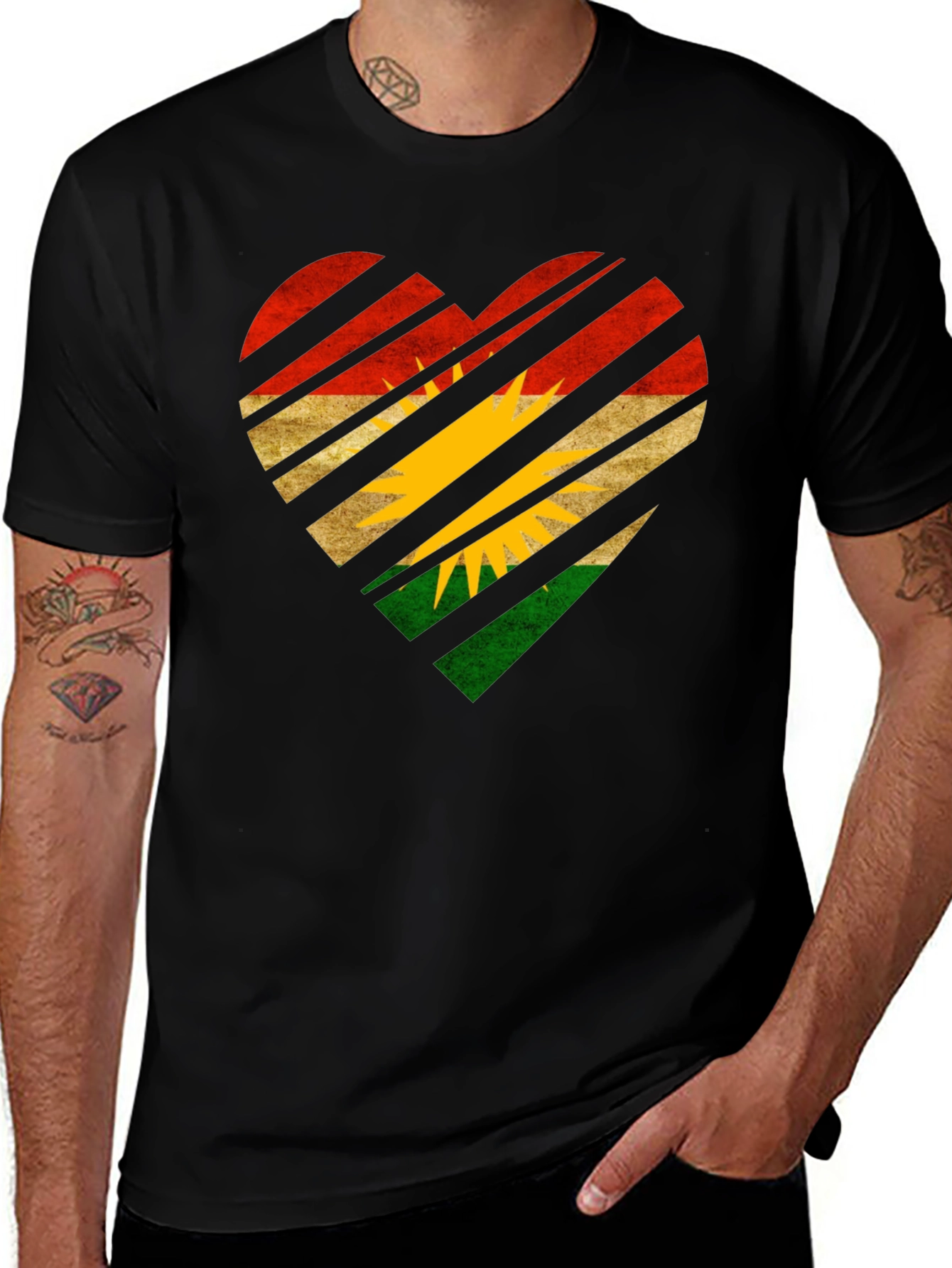 Kurdistan Flag Heart Graphic Black T-Shirt