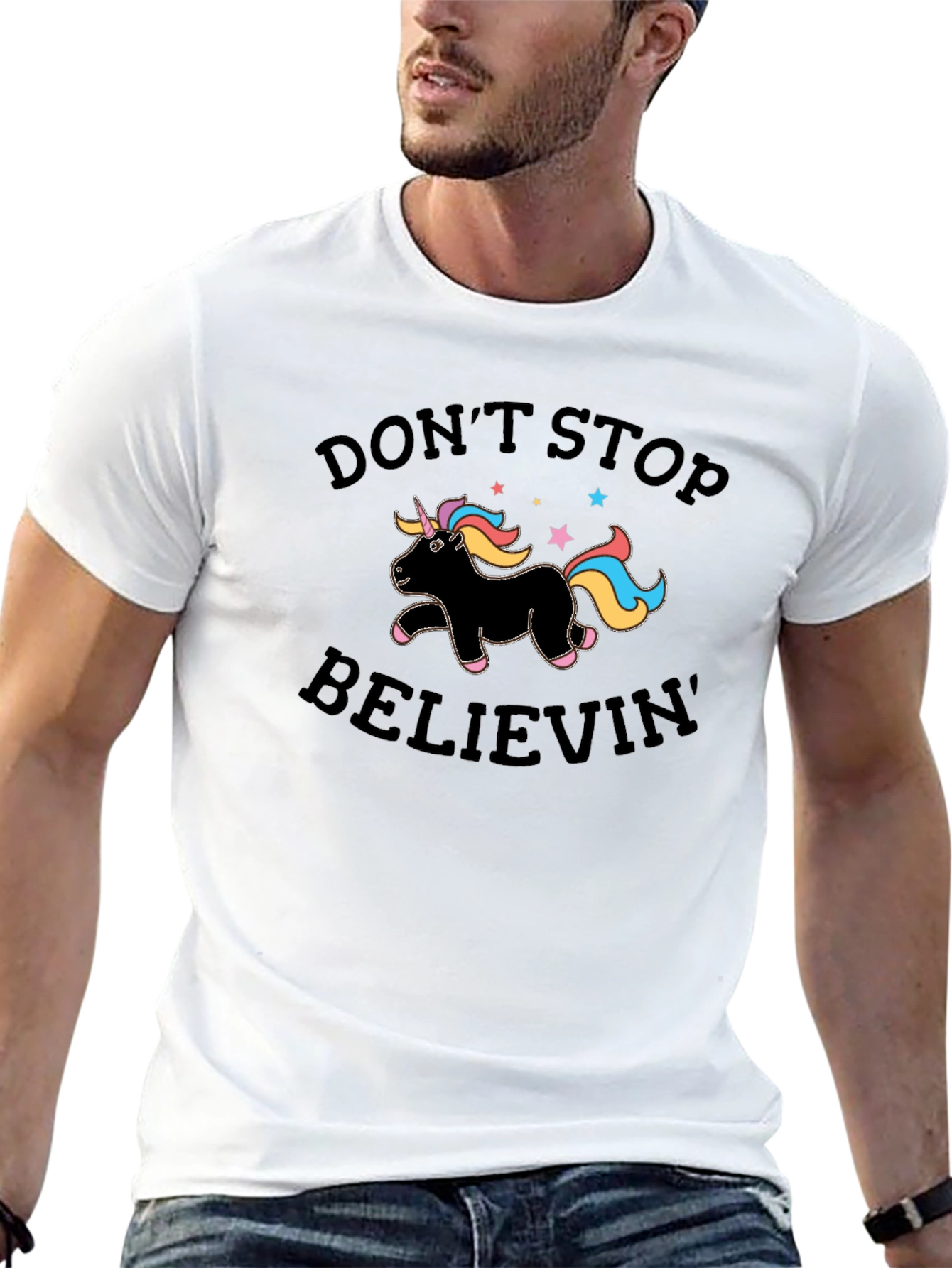 Dont Stop Believin Unicorn Black T-Shirt