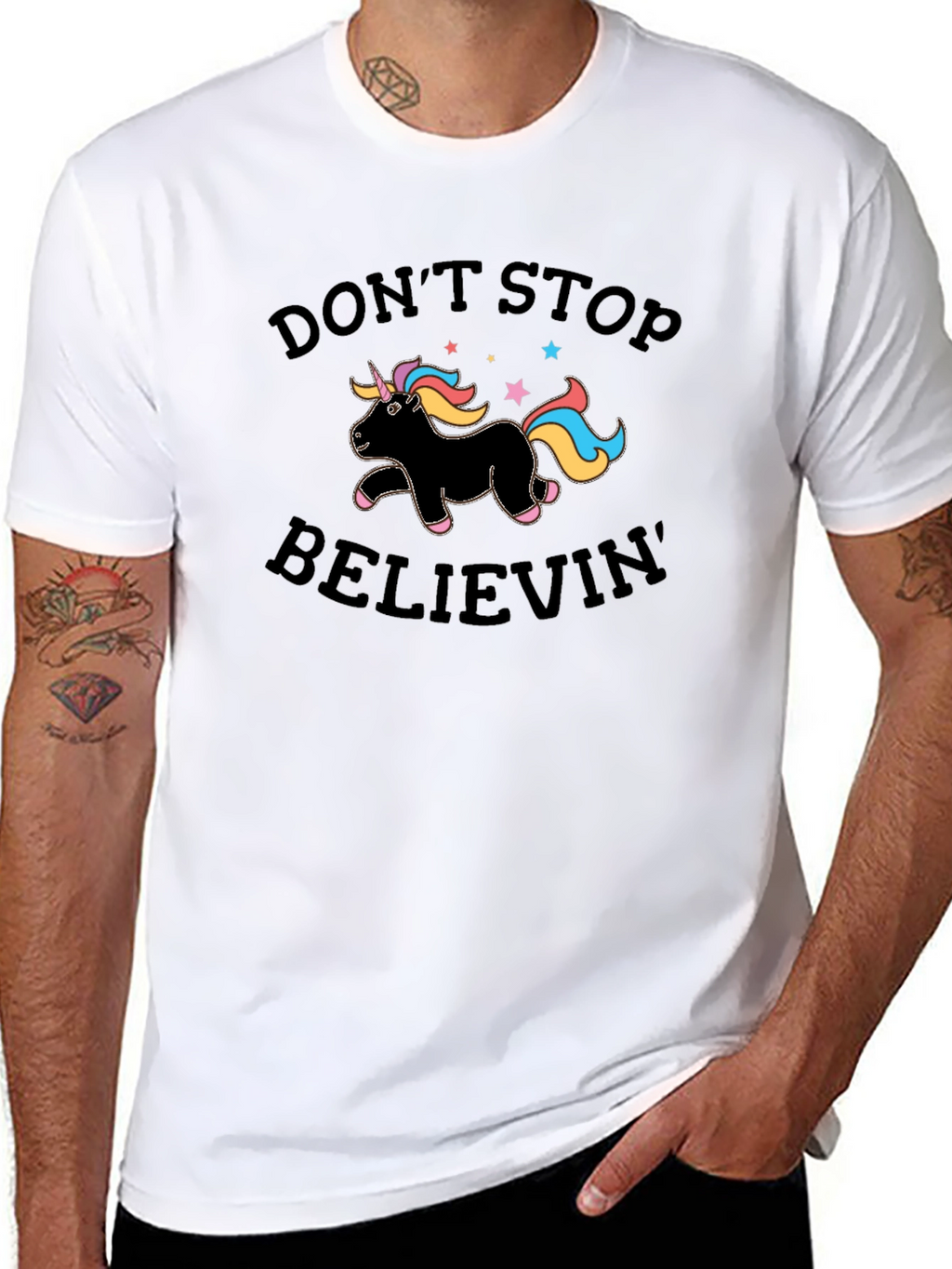 Dont Stop Believin Unicorn Black T-Shirt