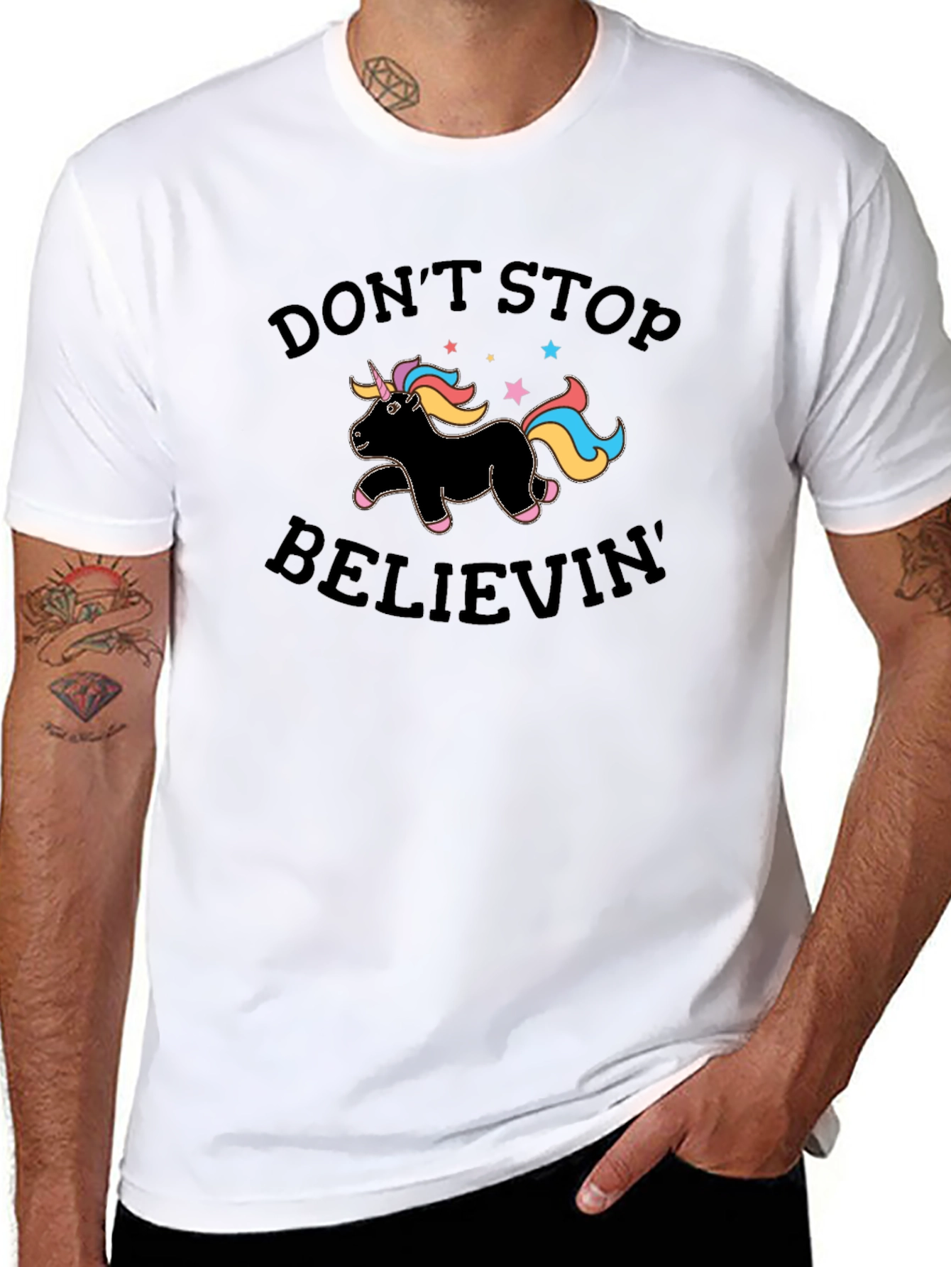 Dont Stop Believin Unicorn Black T-Shirt