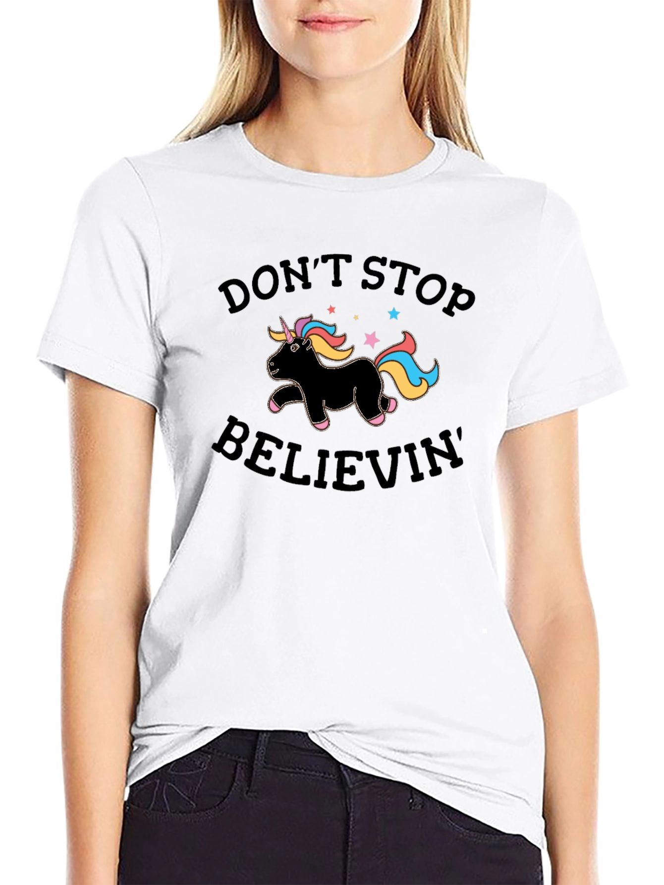 Dont Stop Believin Unicorn Black T-Shirt