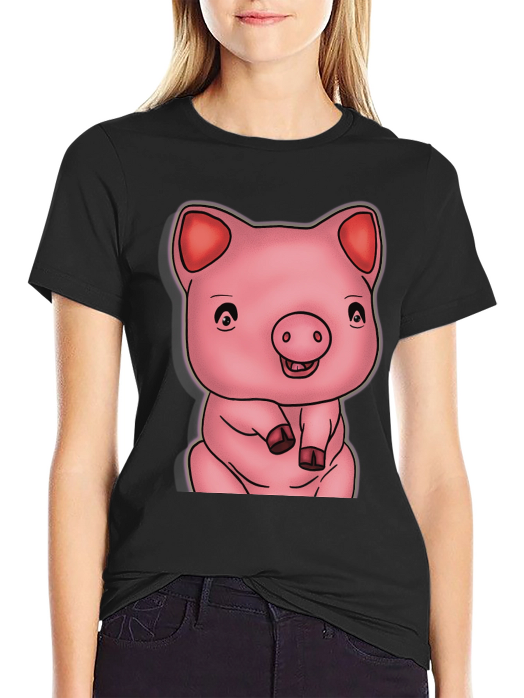 Cute Pig Graphic Black T-Shirt