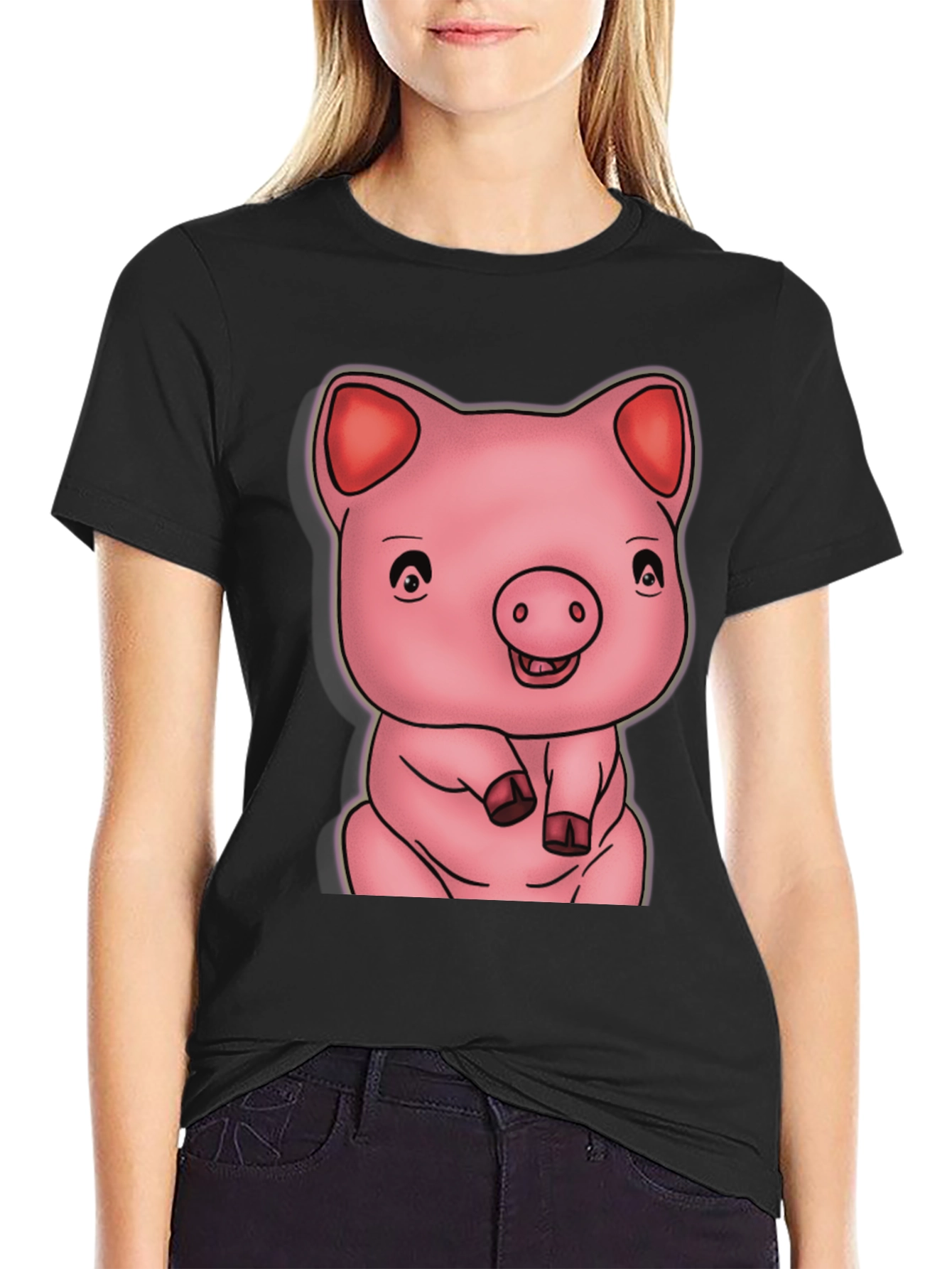 Cute Pig Graphic Black T-Shirt