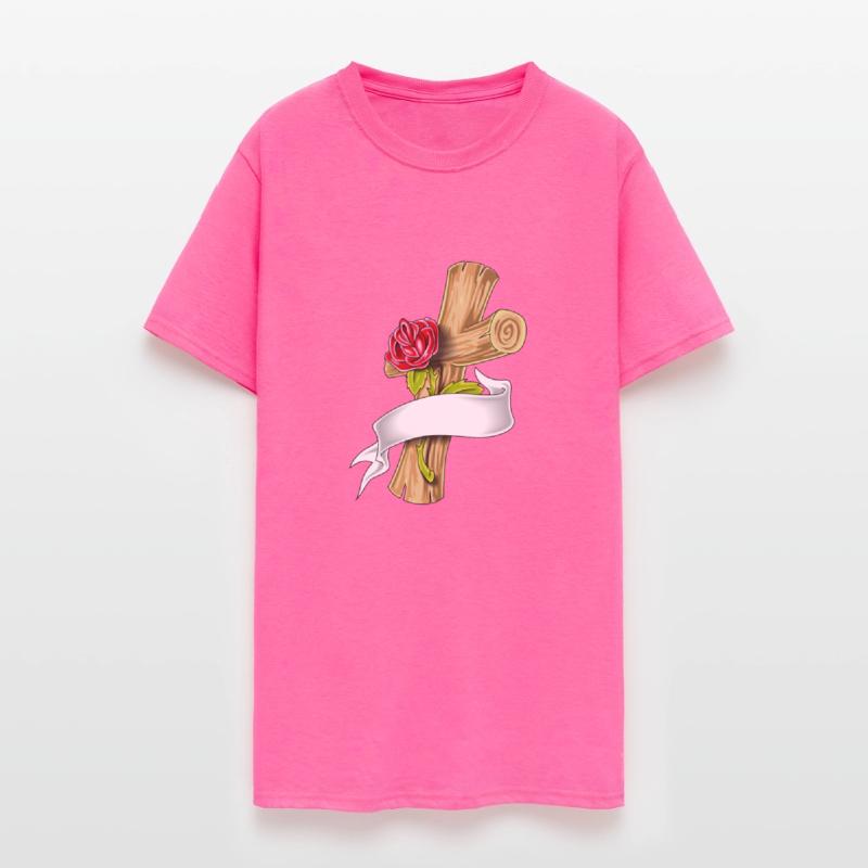 wooden cross with red rose and white ribbon