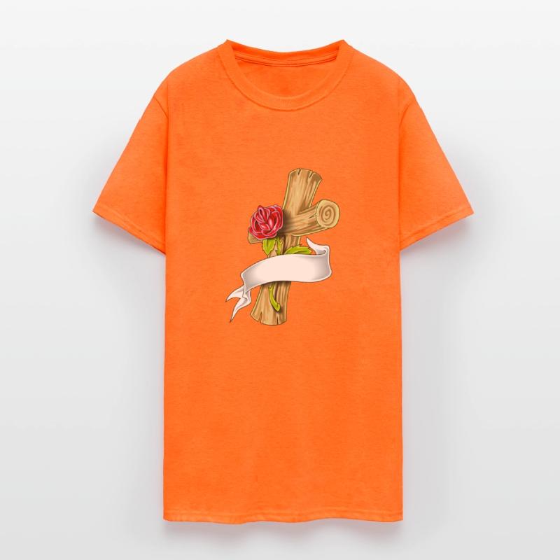 wooden cross with red rose and white ribbon