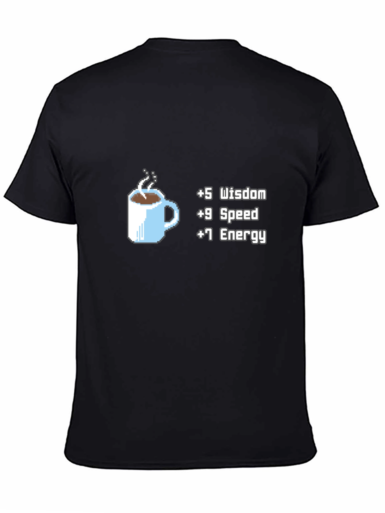 Coffee Stats T-Shirt - +5 Wisdom +9 Speed +7 Energy Black Tee