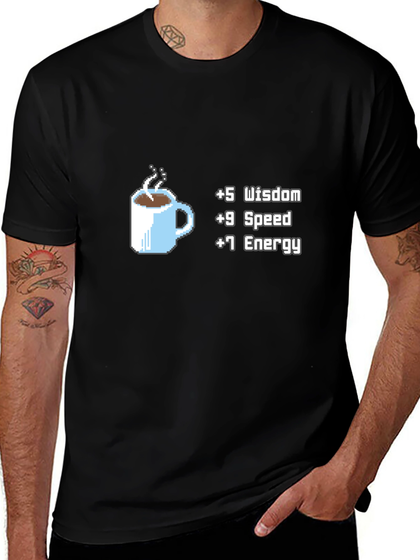 Coffee Stats T-Shirt - +5 Wisdom +9 Speed +7 Energy Black Tee