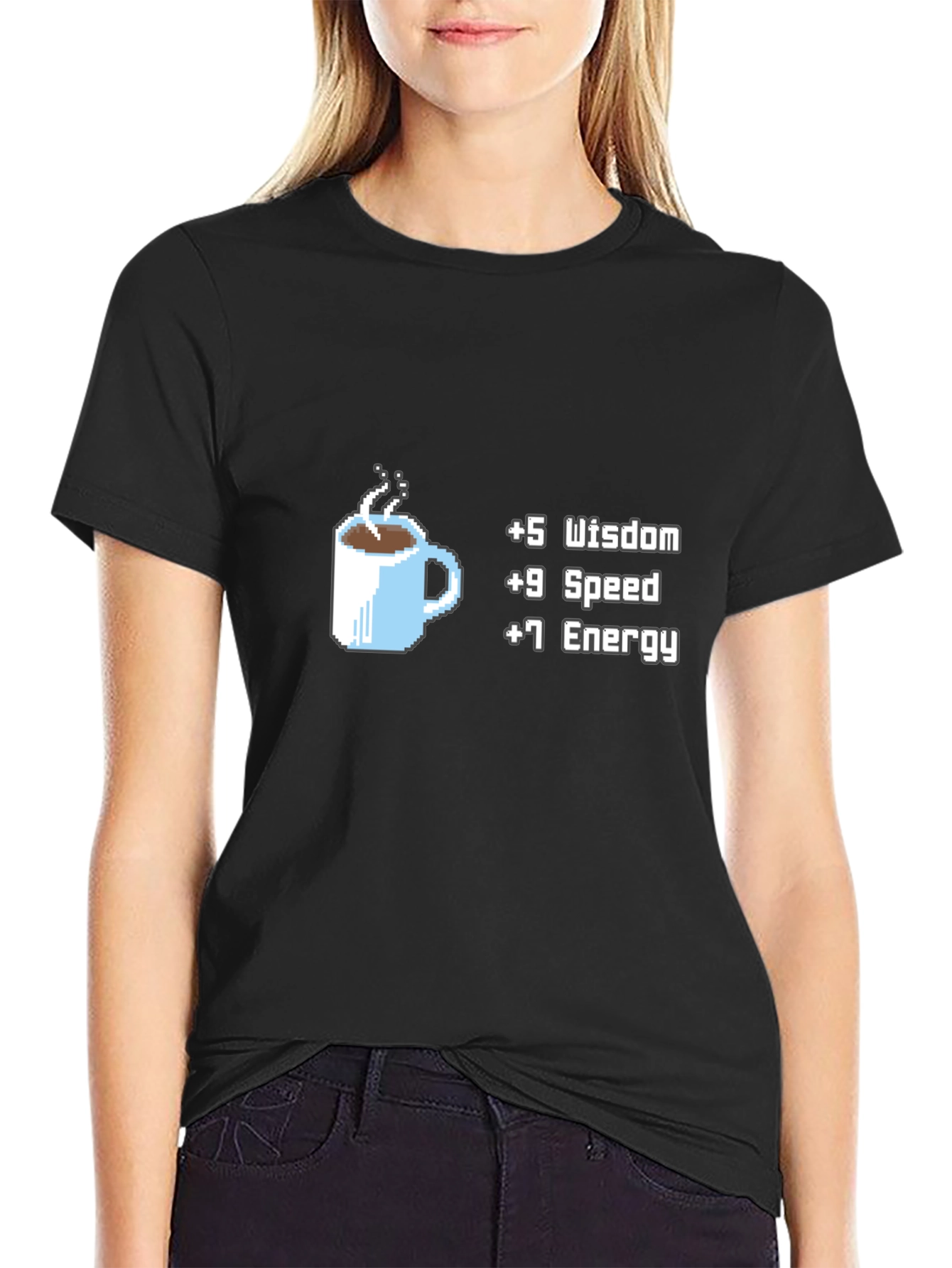 Coffee Stats T-Shirt - +5 Wisdom +9 Speed +7 Energy Black Tee