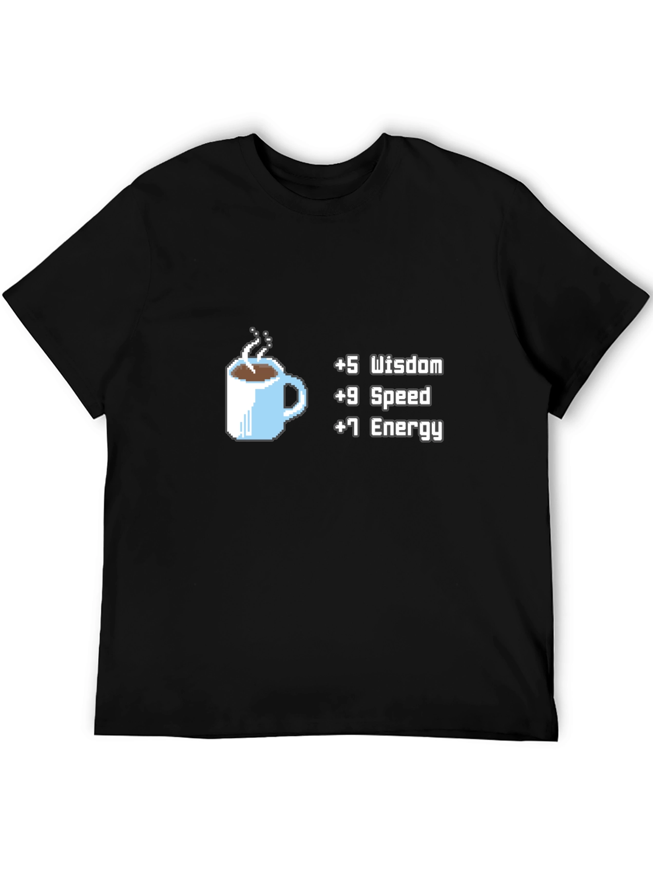 Coffee Stats T-Shirt - +5 Wisdom +9 Speed +7 Energy Black Tee