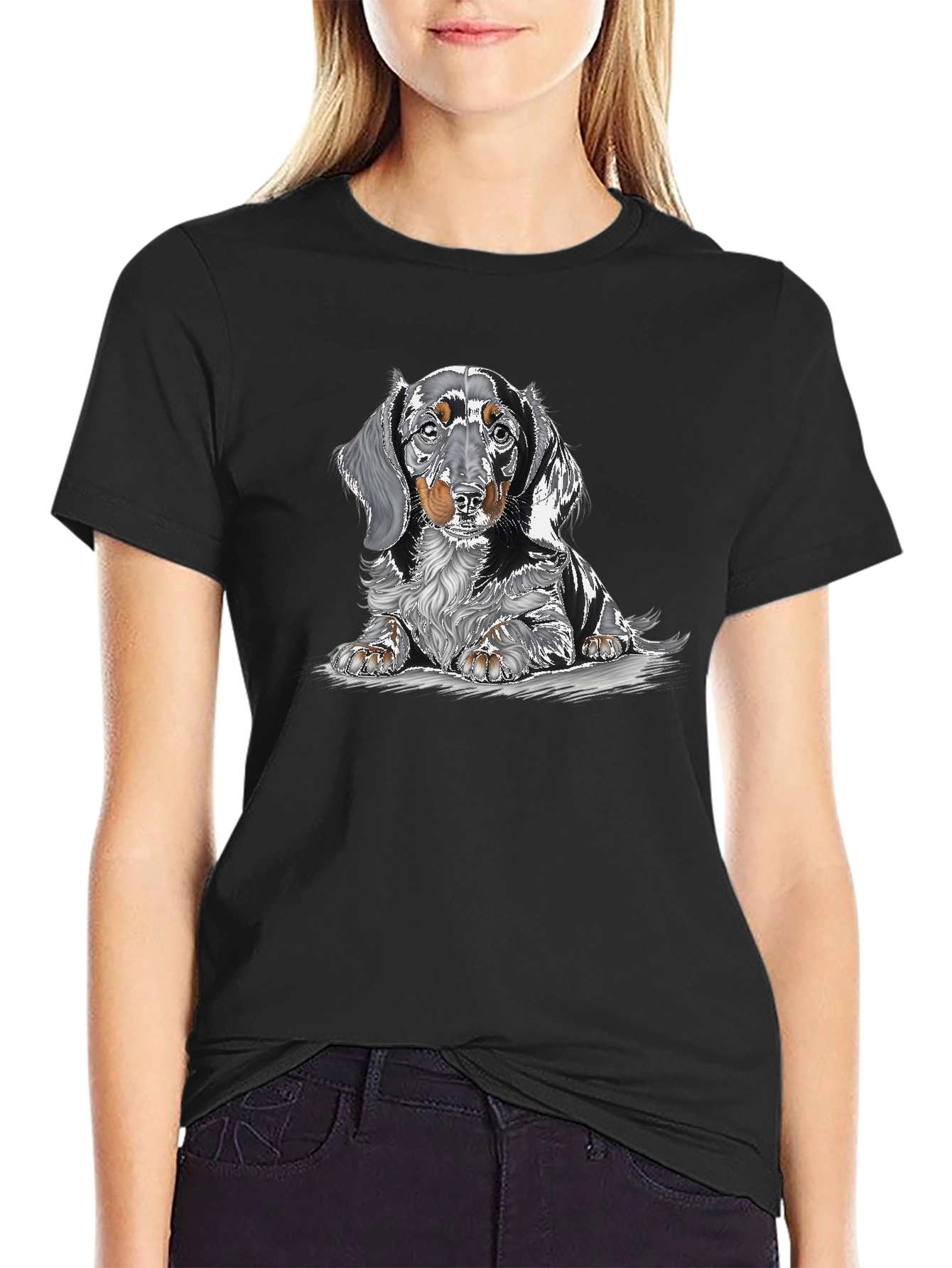 Dachshund Dog Graphic Print Black T-Shirt