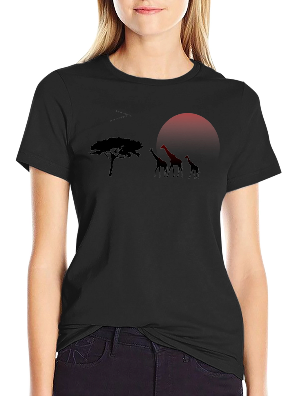 African Sunset Giraffe Graphic Tee - Black
