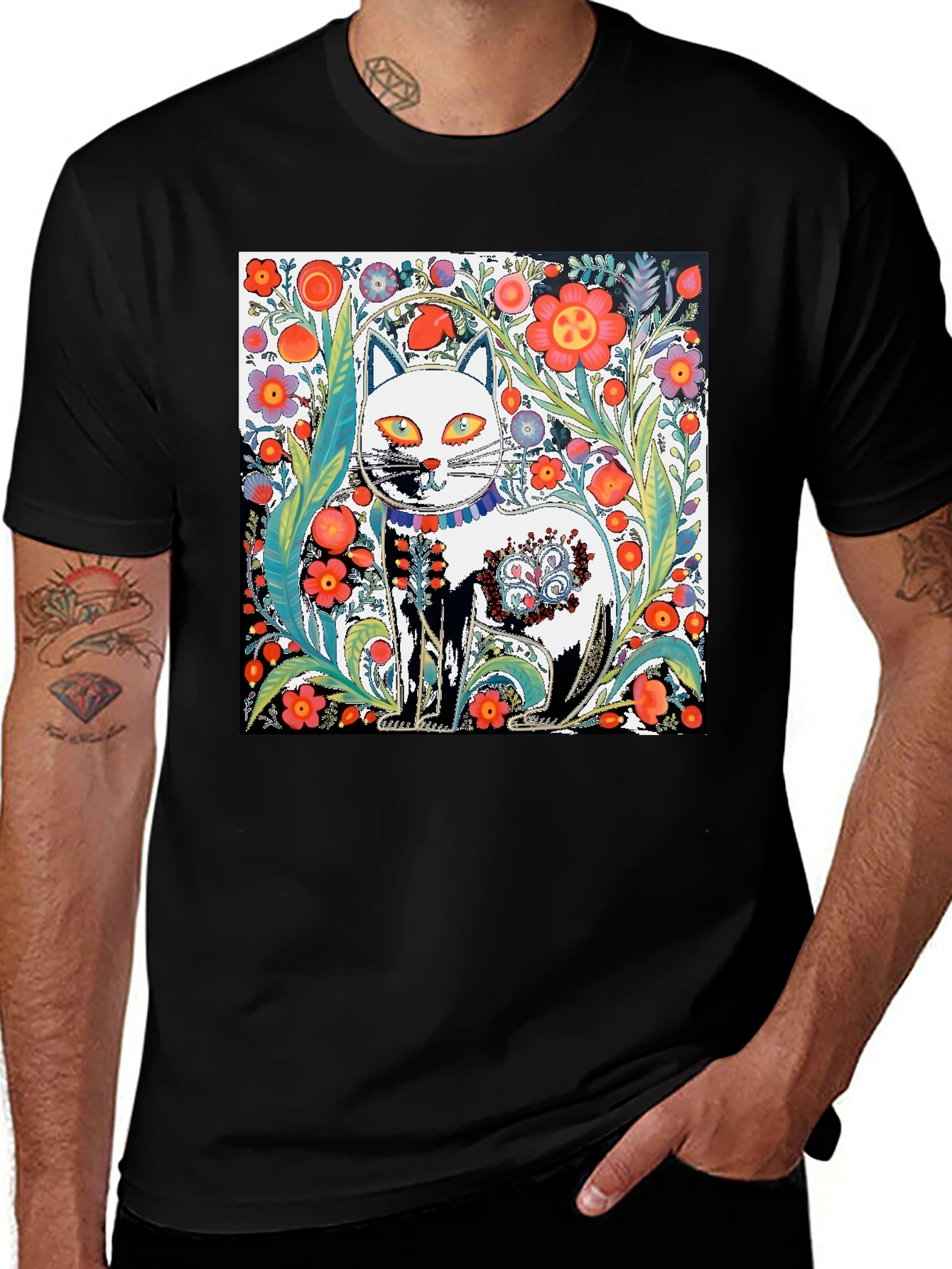 Floral Cat Graphic Tee - Unique Artistic Design