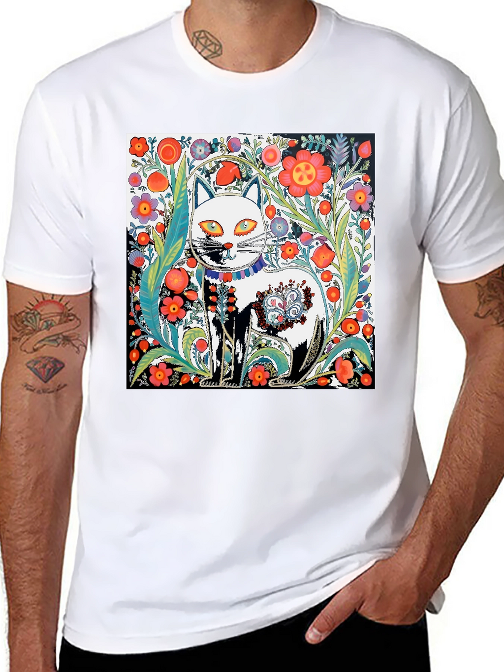 Floral Cat Graphic Tee - Unique Artistic Design