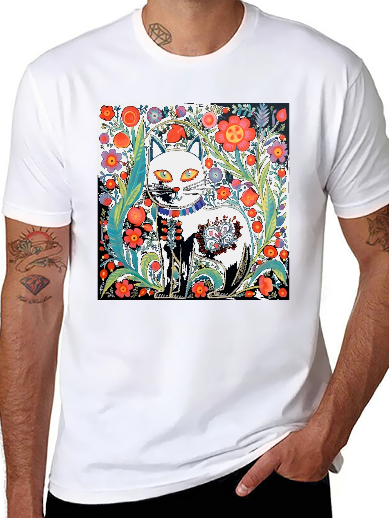 Floral Cat Graphic Tee - Unique Artistic Design