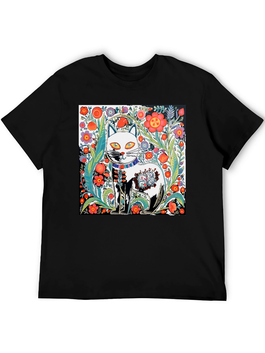 Floral Cat Graphic Tee - Unique Artistic Design