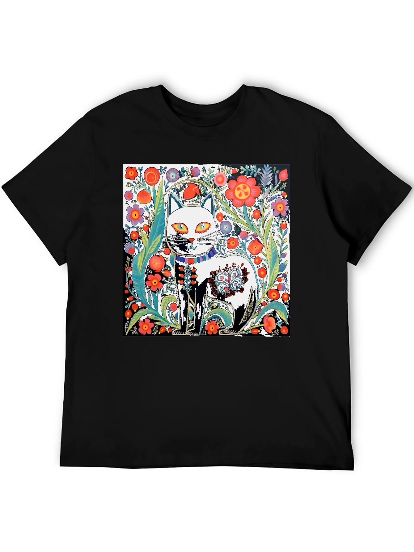 Floral Cat Graphic Tee - Unique Artistic Design
