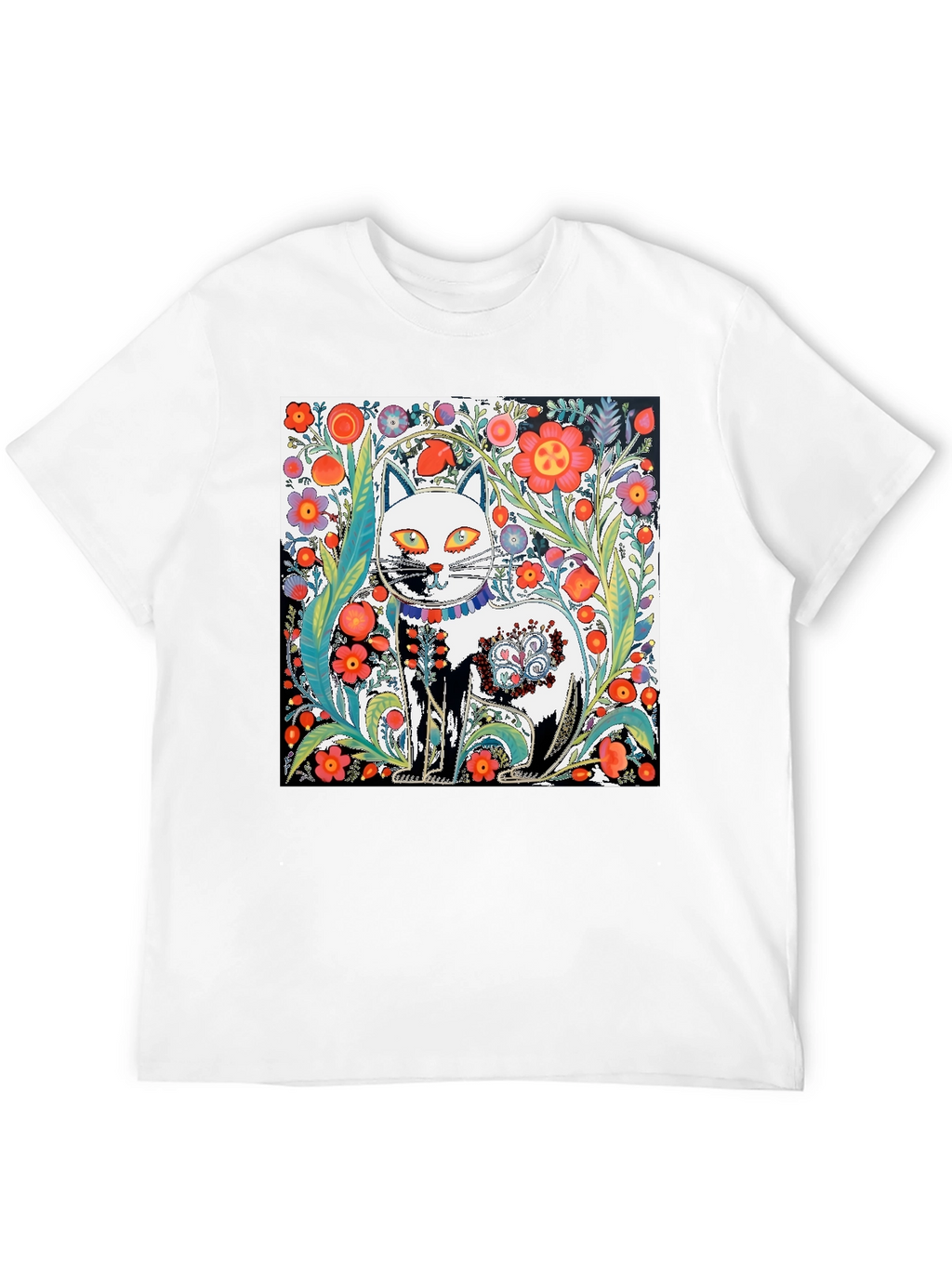 Floral Cat Graphic Tee - Unique Artistic Design