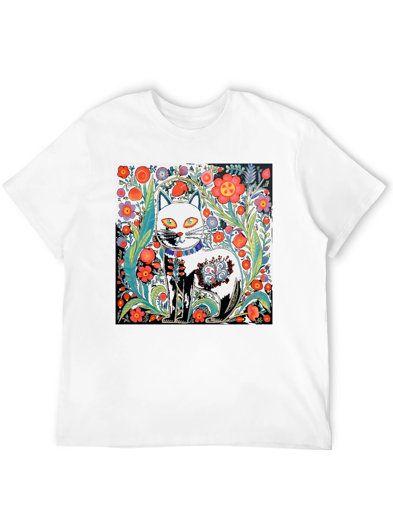Floral Cat Graphic Tee - Unique Artistic Design