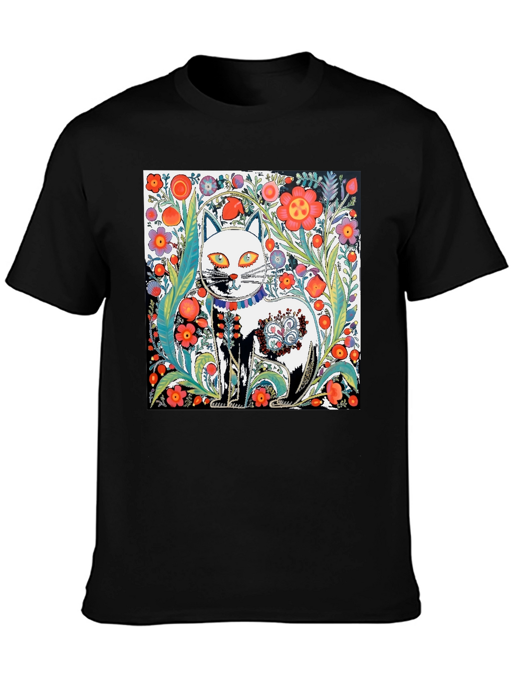 Floral Cat Graphic Tee - Unique Artistic Design