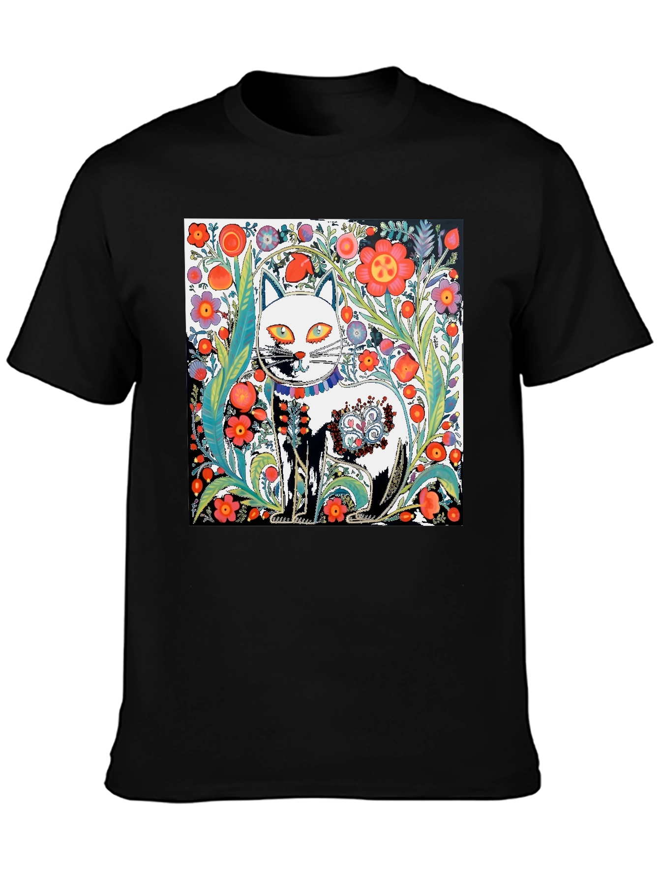 Floral Cat Graphic Tee - Unique Artistic Design