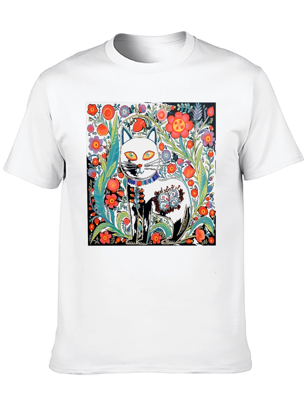 Floral Cat Graphic Tee - Unique Artistic Design