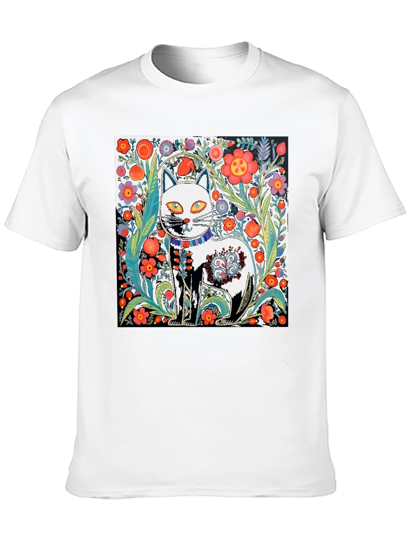 Floral Cat Graphic Tee - Unique Artistic Design