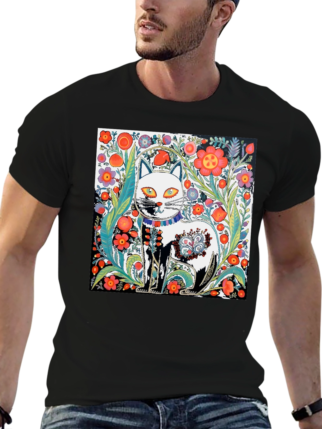 Floral Cat Graphic Tee - Unique Artistic Design