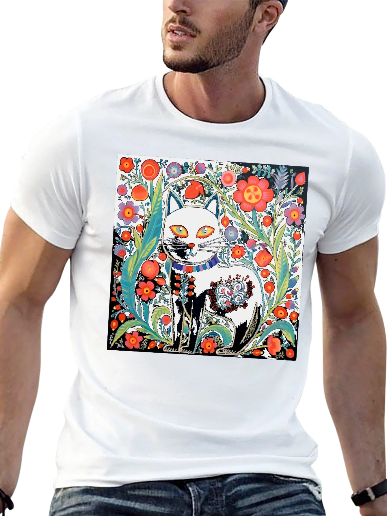 Floral Cat Graphic Tee - Unique Artistic Design