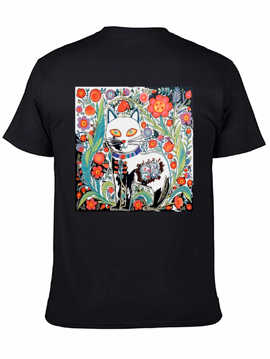 Floral Cat Graphic Tee - Unique Artistic Design