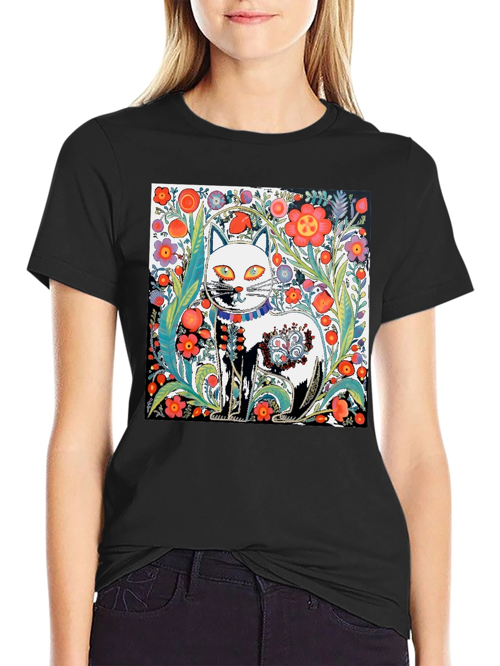 Floral Cat Graphic Tee - Unique Artistic Design