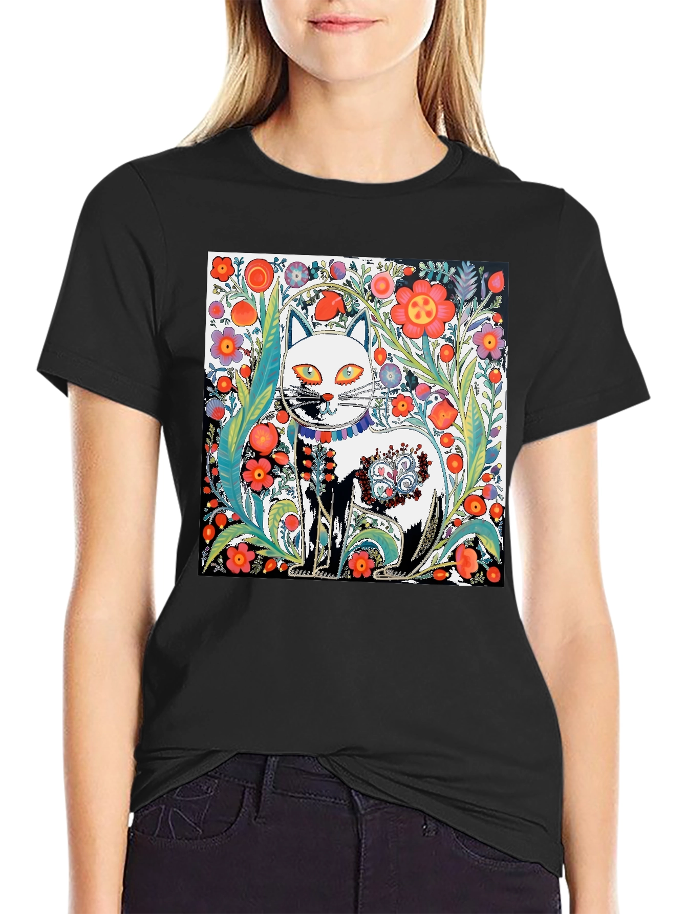 Floral Cat Graphic Tee - Unique Artistic Design