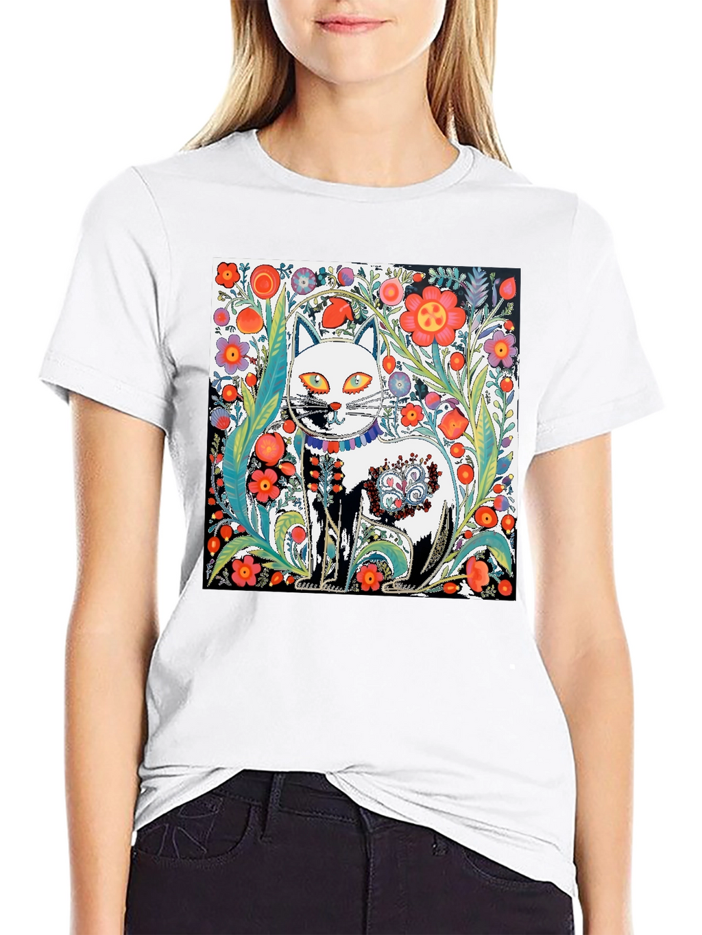 Floral Cat Graphic Tee - Unique Artistic Design