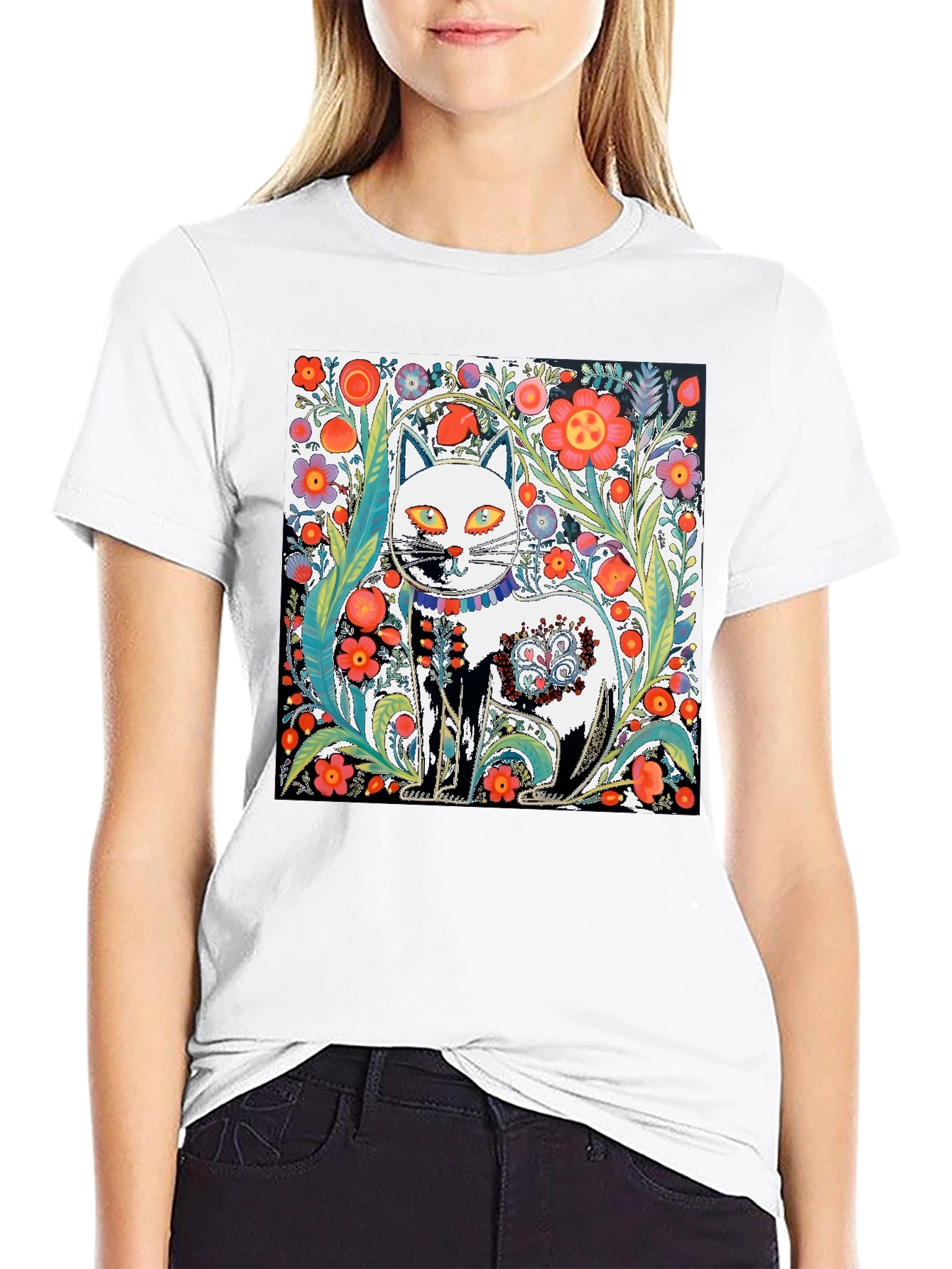Floral Cat Graphic Tee - Unique Artistic Design