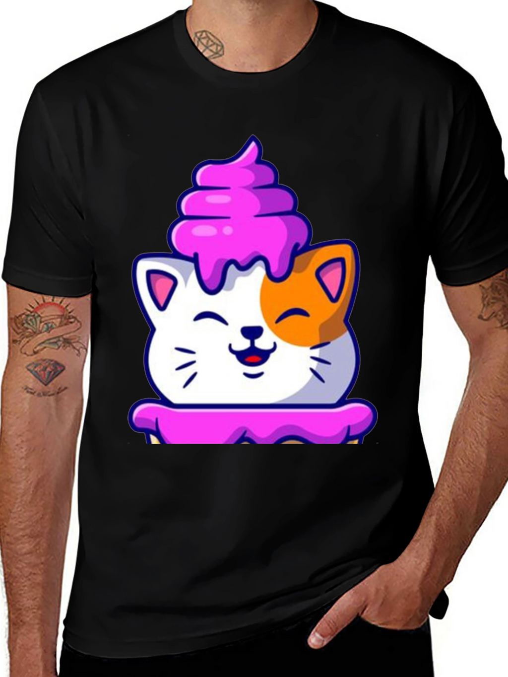 Cute Cat Cupcake Graphic Tee - Black