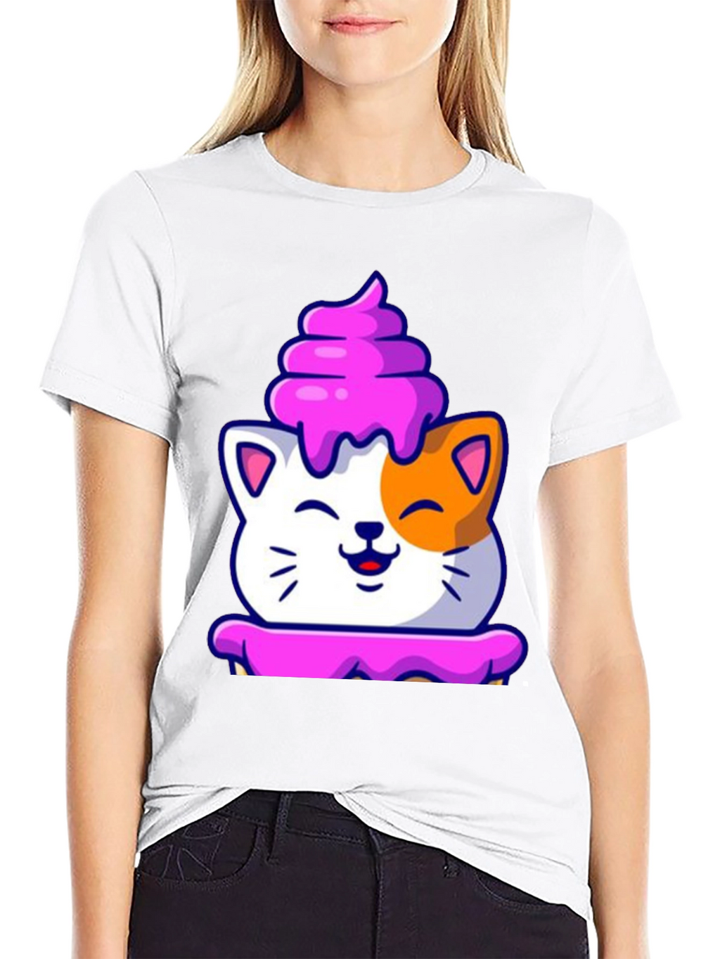 Cute Cat Cupcake Graphic Tee - Black