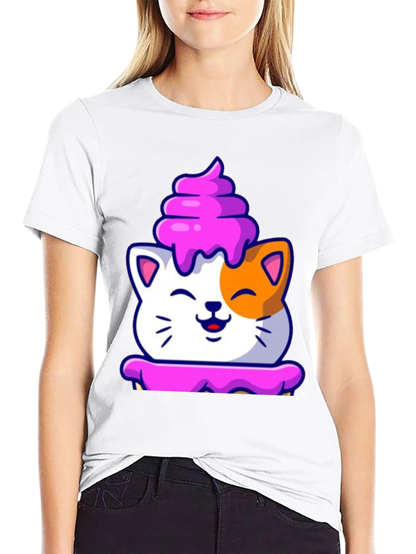 Cute Cat Cupcake Graphic Tee - Black