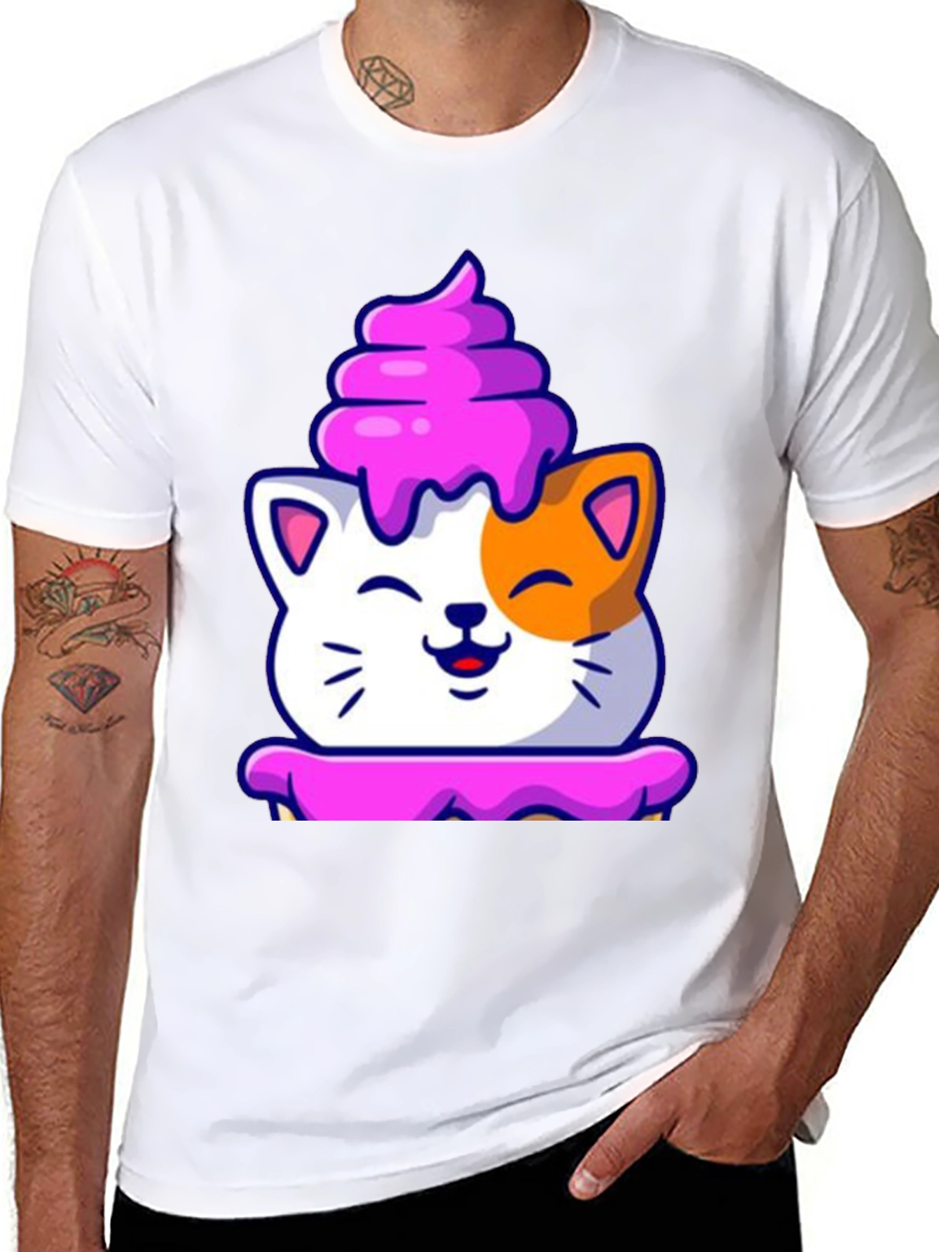 Cute Cat Cupcake Graphic Tee - Black
