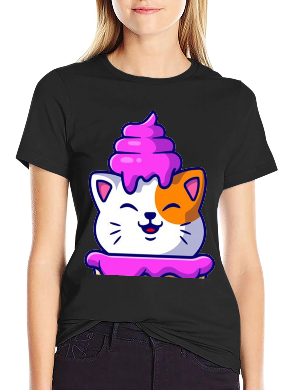 Cute Cat Cupcake Graphic Tee - Black