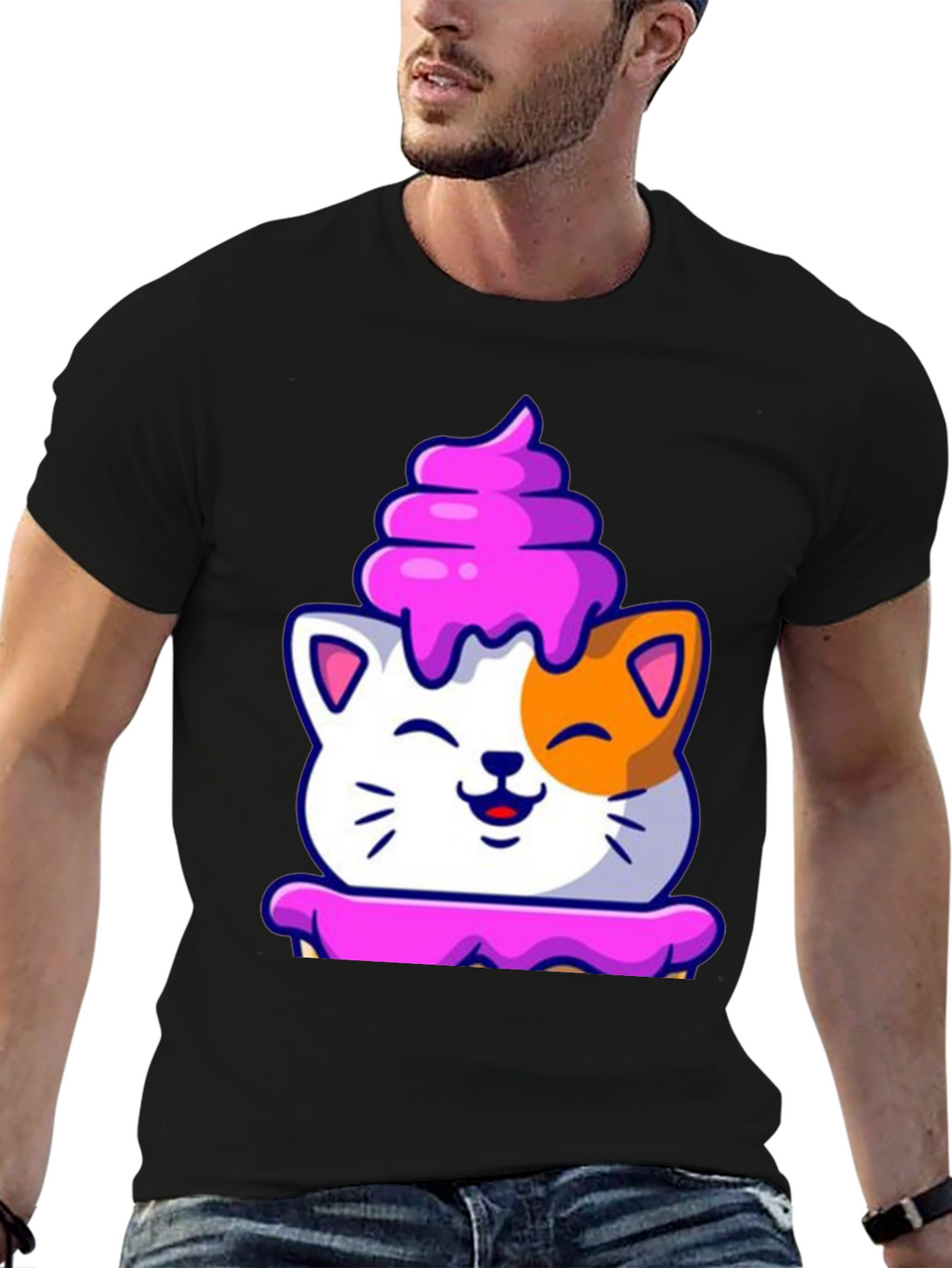 Cute Cat Cupcake Graphic Tee - Black